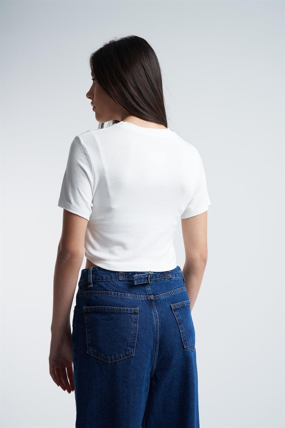 Kısa Kol Crop Bluz Ekru