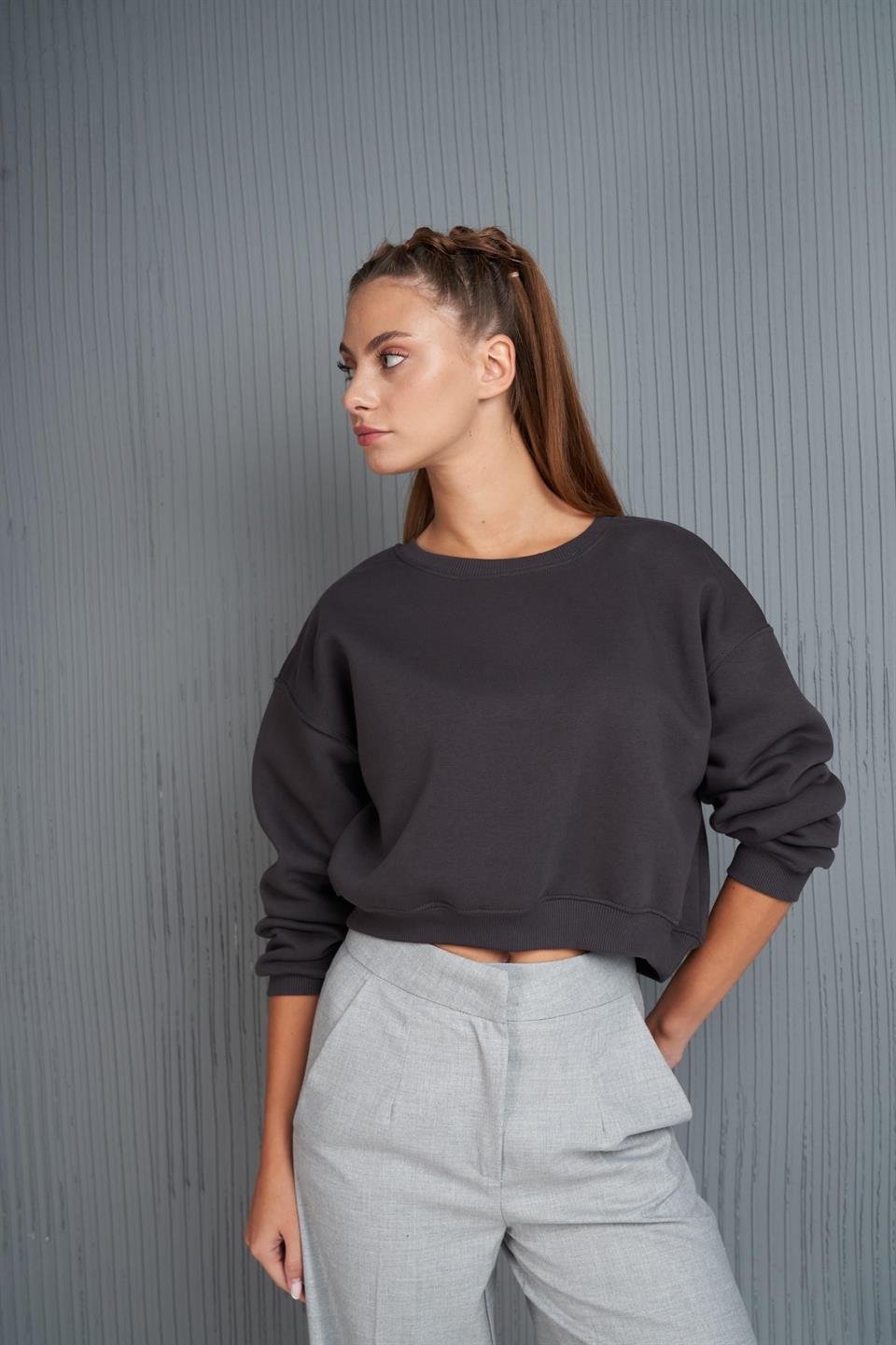 Basic Kısa Sweatshirt Antrasit