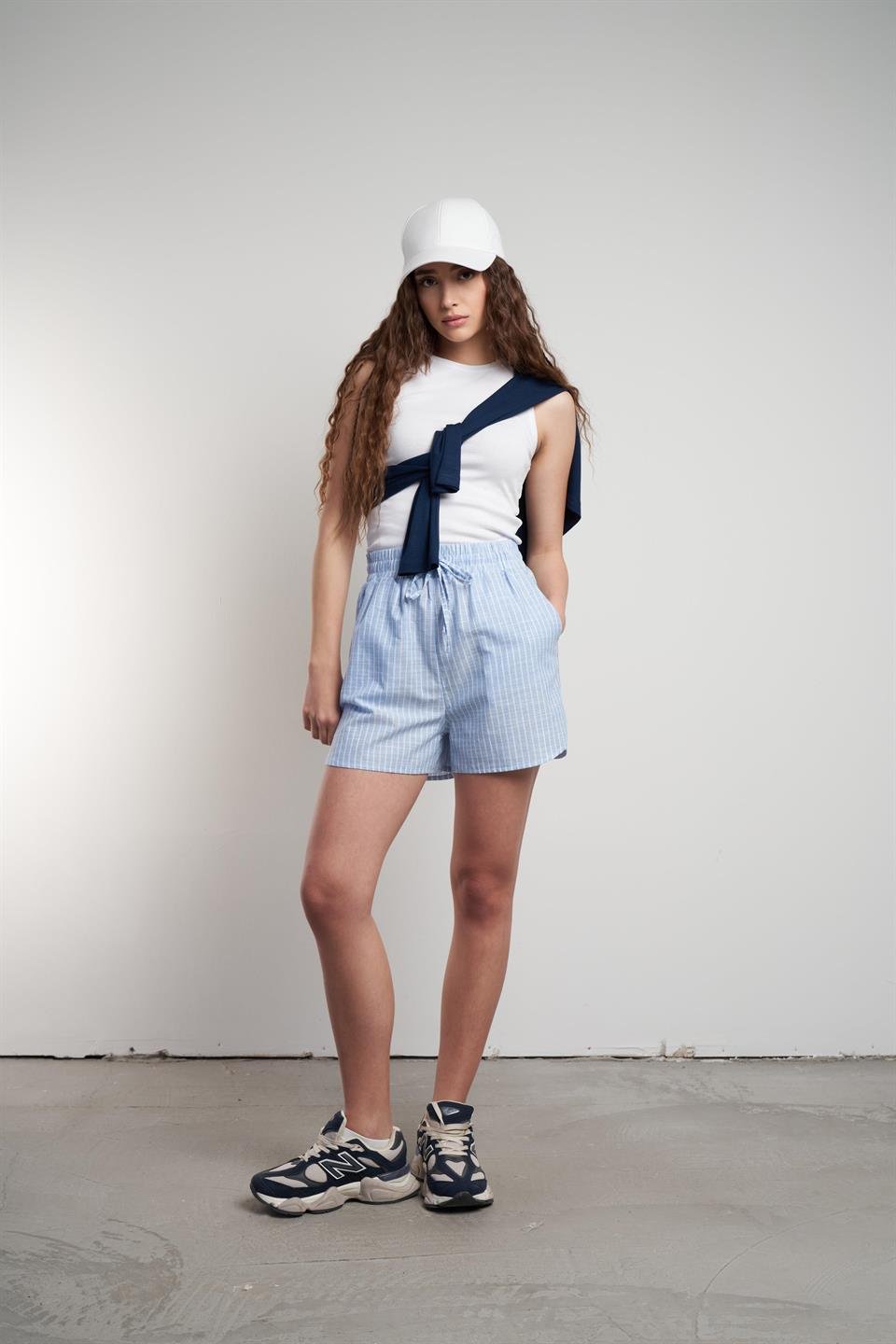 Çizgili Keten Şort Mavi