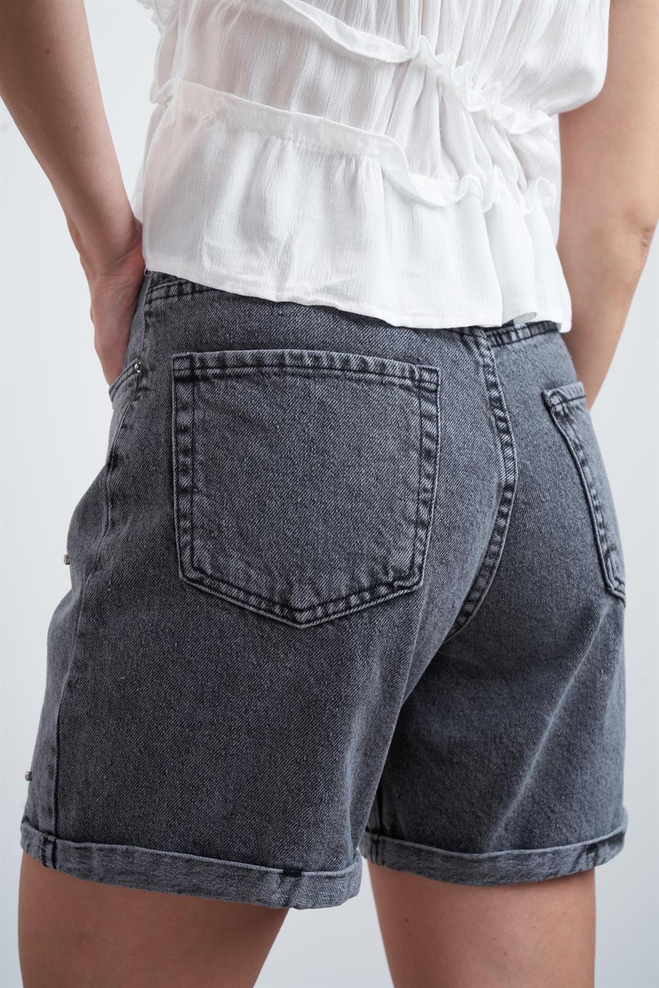 Taş Detaylı Jean Şort Antrasit