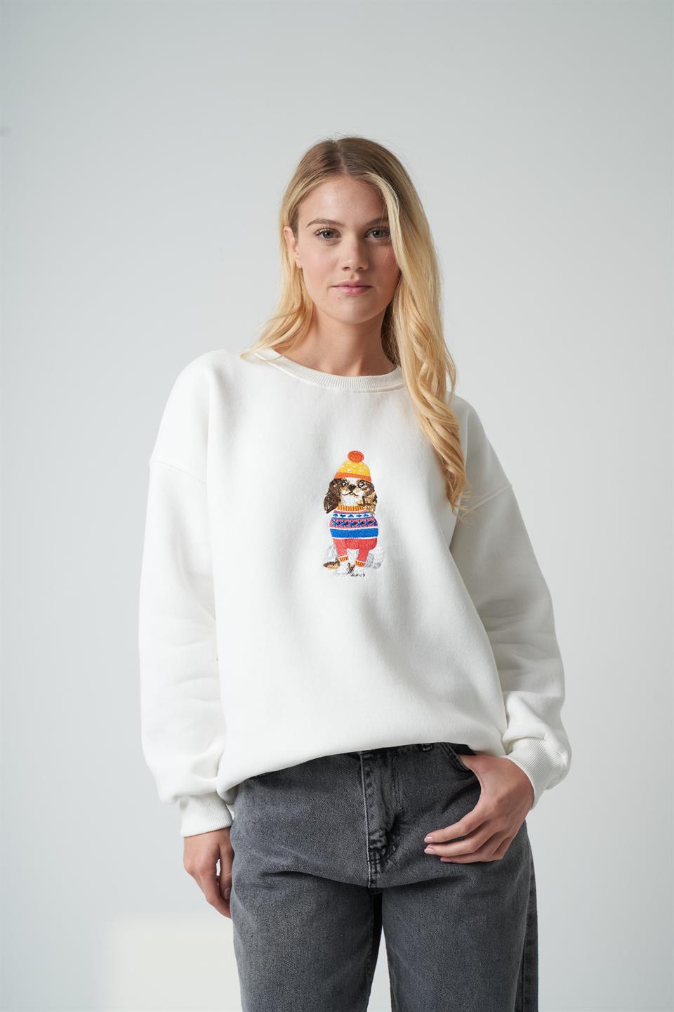 Nakış Köpek Baskılı Sweatshirt Ekru