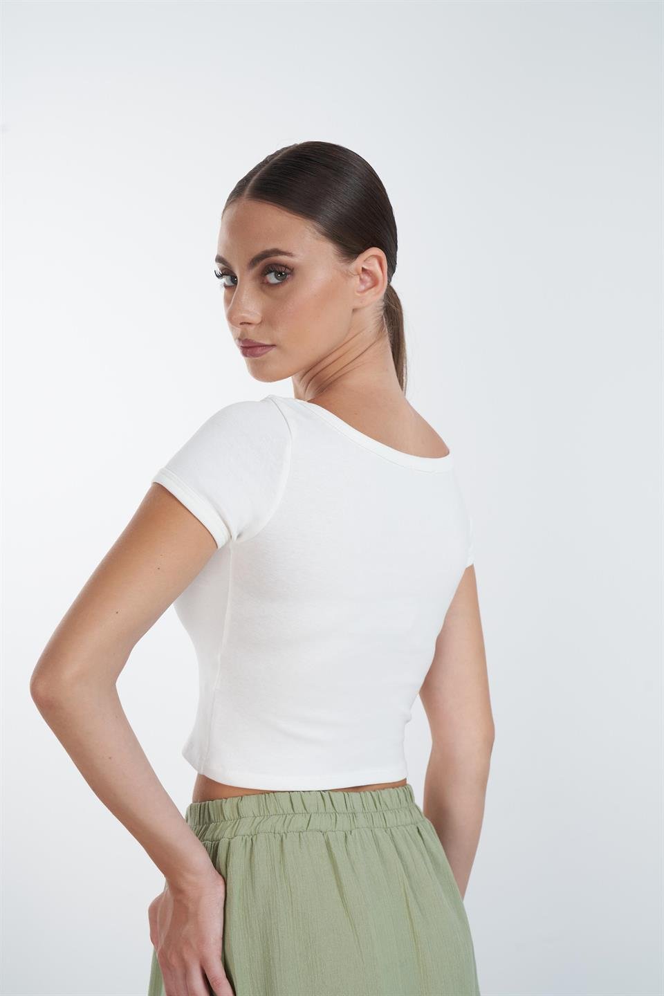 Paris Nakış Baskılı Kısa T-shirt Ekru