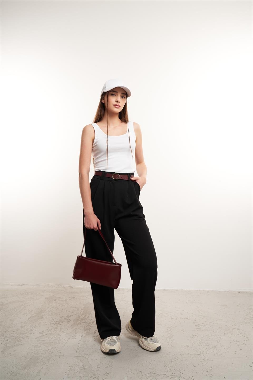 Bol Paça Krep Kumaş Pantolon Siyah