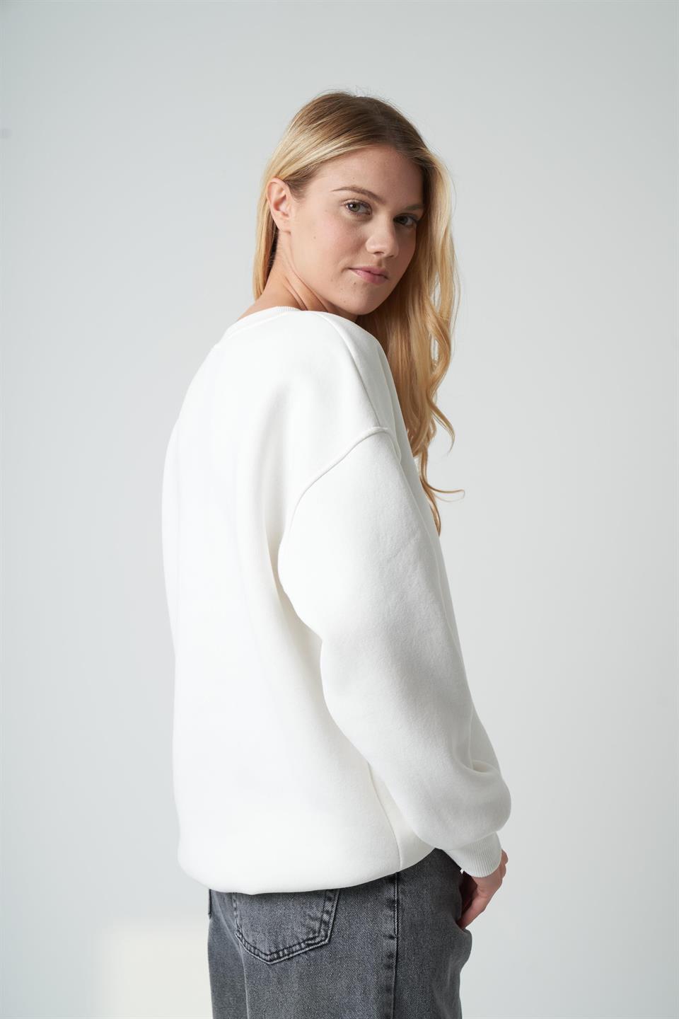 Nakış Köpek Baskılı Sweatshirt Ekru