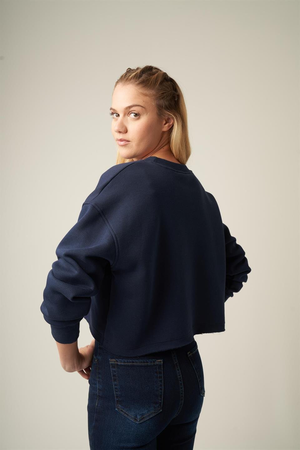 Ayıcık Baskılı Kısa Sweatshirt Lacivert