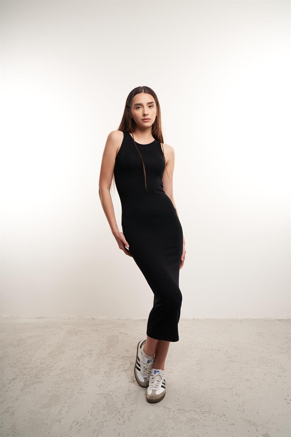 Bisiklet Yaka Atlet Kol Uzun Elbise Siyah