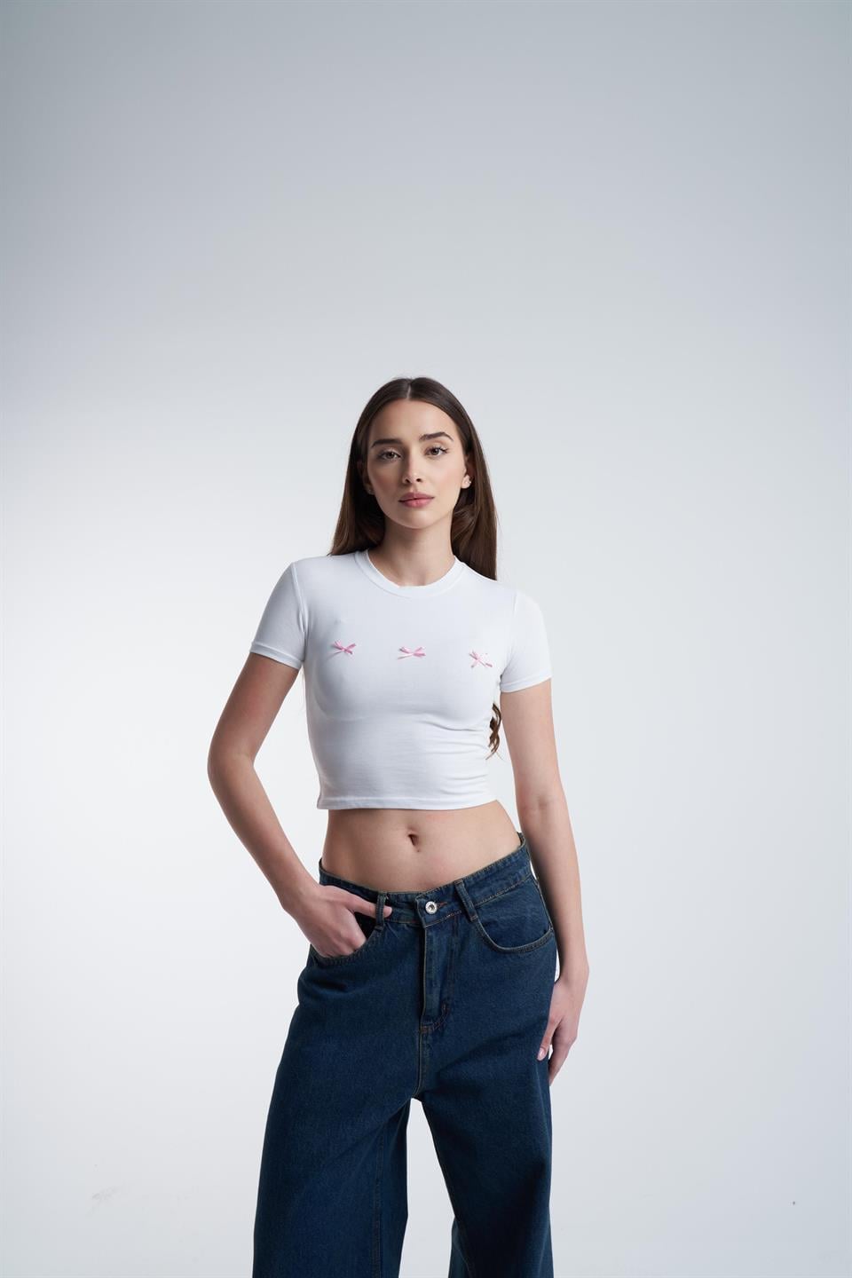 Kısa Kol Crop Model Bluz Beyaz