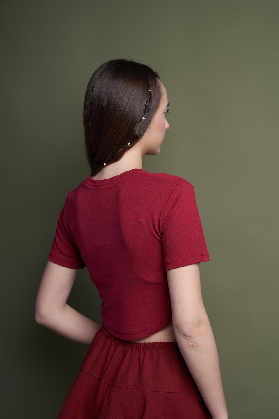 Basic Kısa Kol Crop Bluz Bordo
