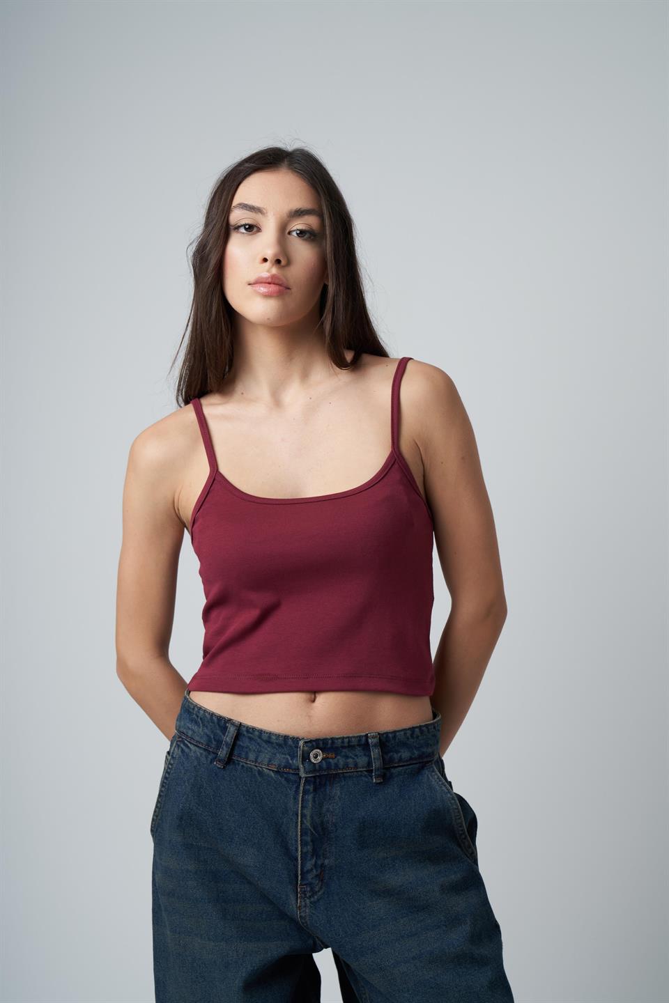 Askılı Basic Ribana Kumaş Kısa Bluz Bordo