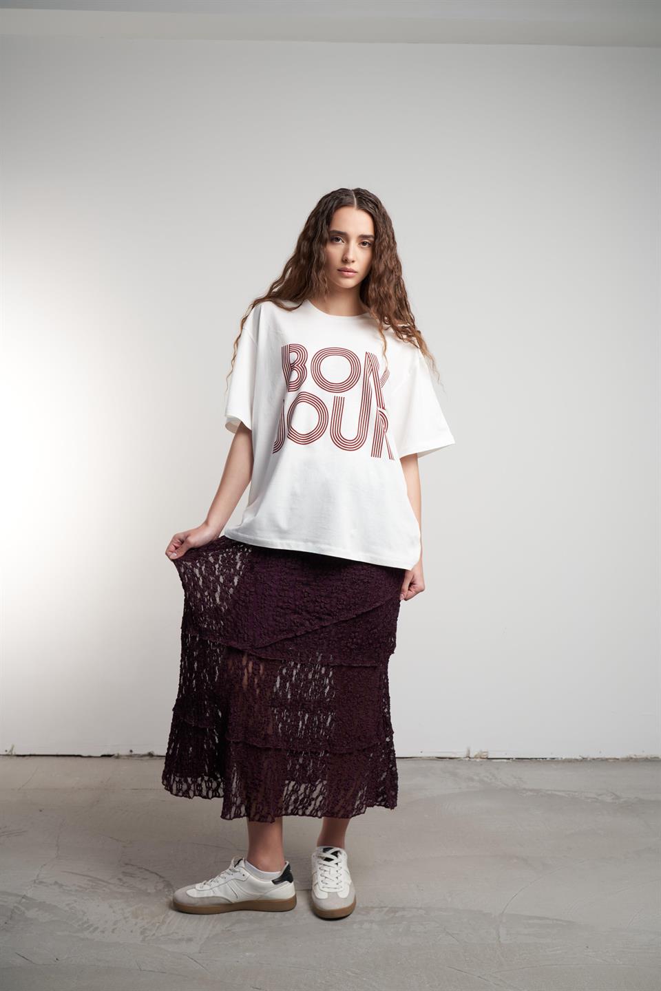 Bonjour Baskılı Oversize T-shirt Ekru