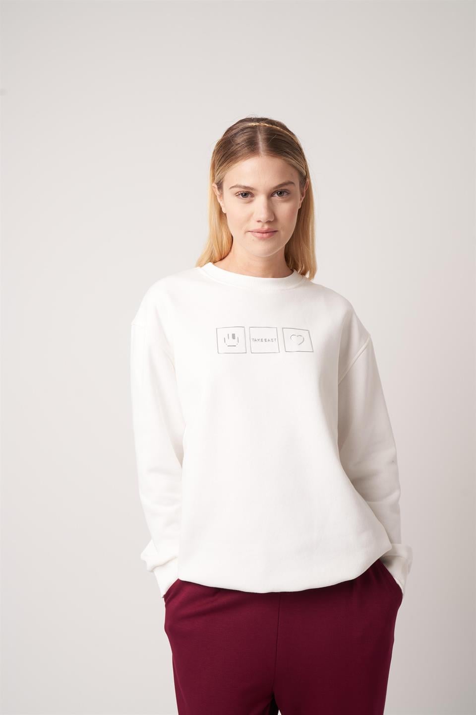 Baskılı Sweatshirt Ekru