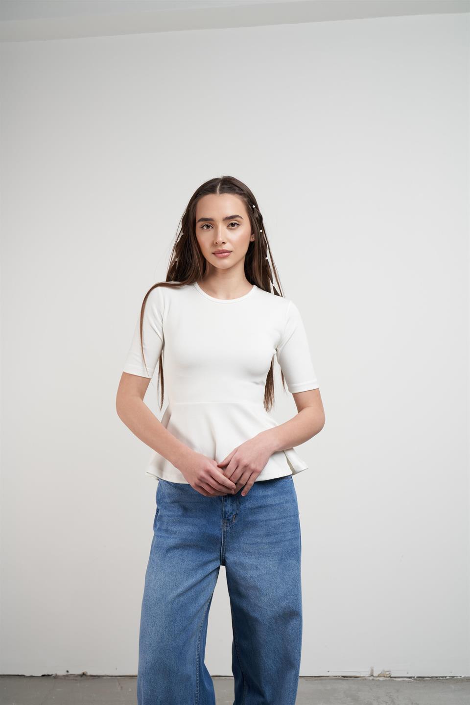 Bisiklet Yaka Modal Bluz Ekru