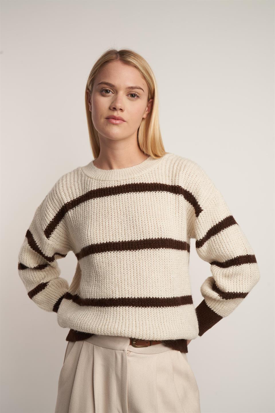 Çizgili Triko Kazak Tarçın-Taş