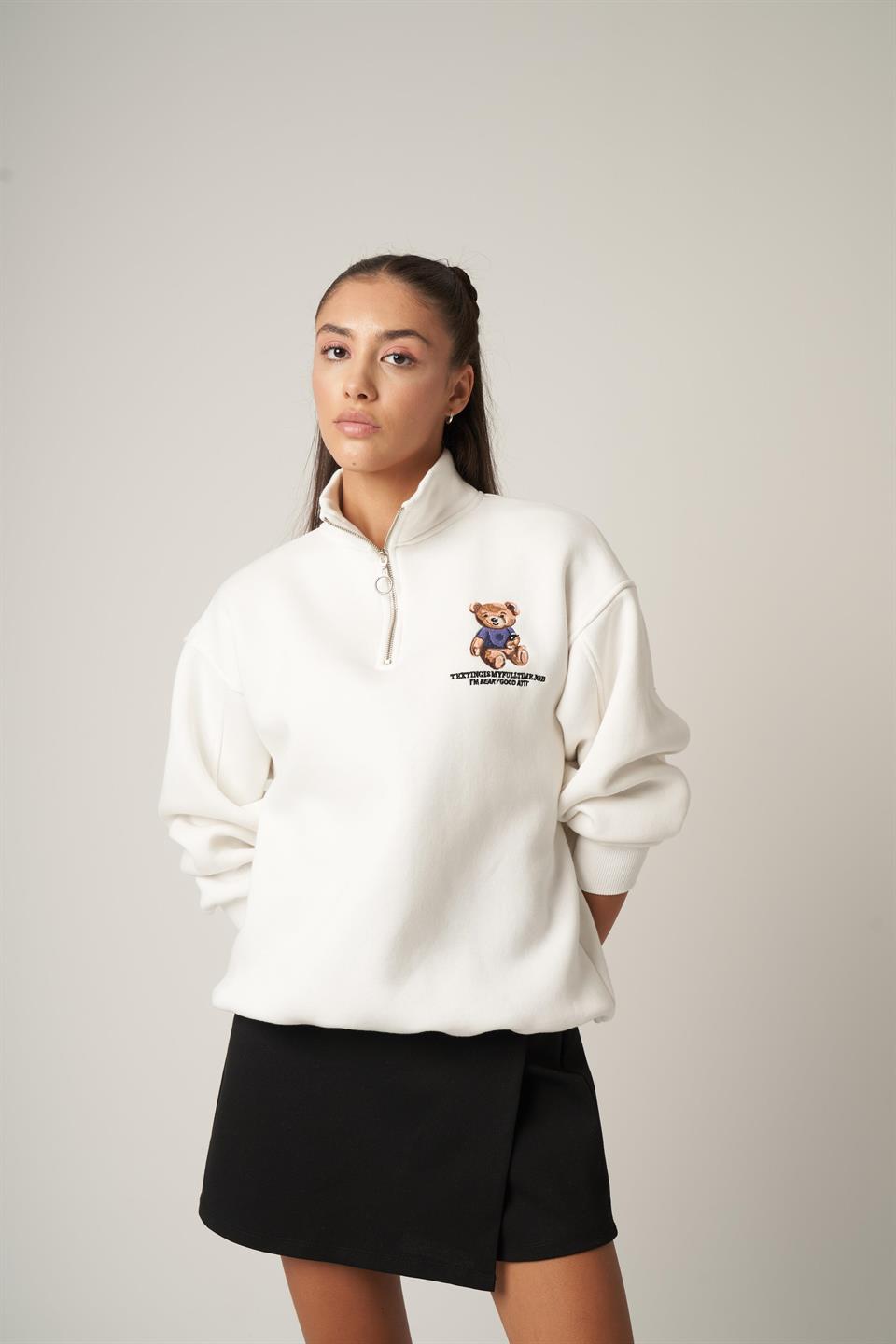 Nakış Ayıcık Baskılı Sweatshirt Ekru