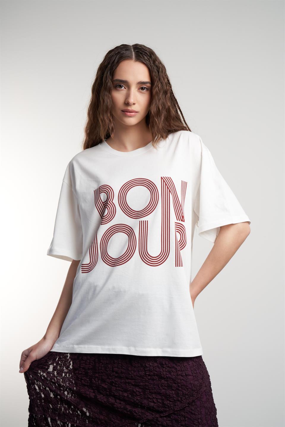 Bonjour Baskılı Oversize T-shirt Ekru