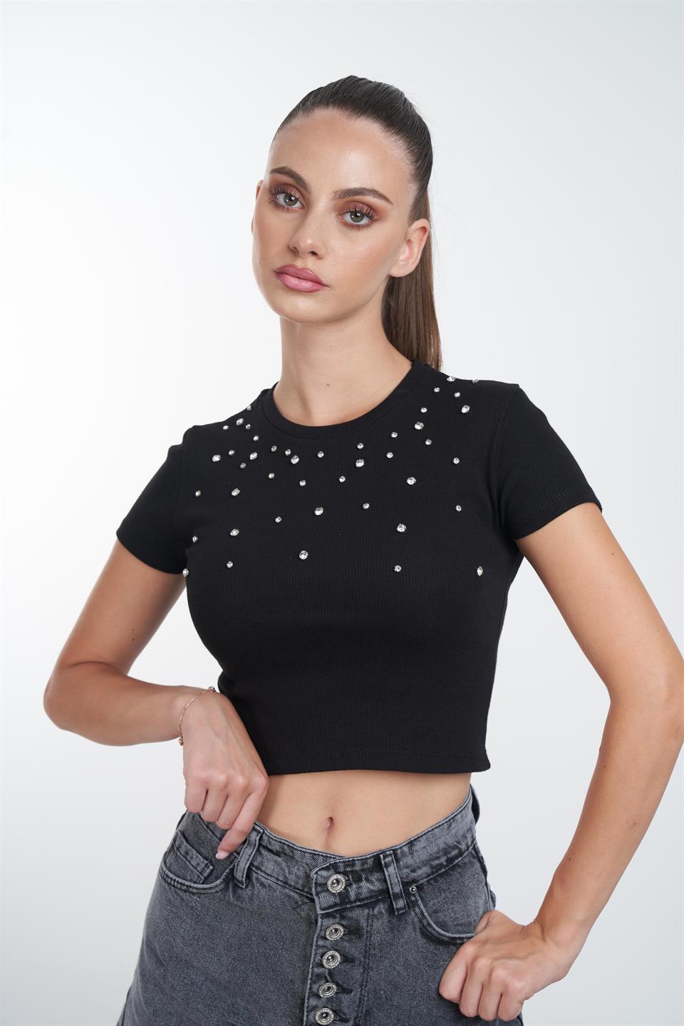 Taş Detaylı Kısa Bluz Siyah