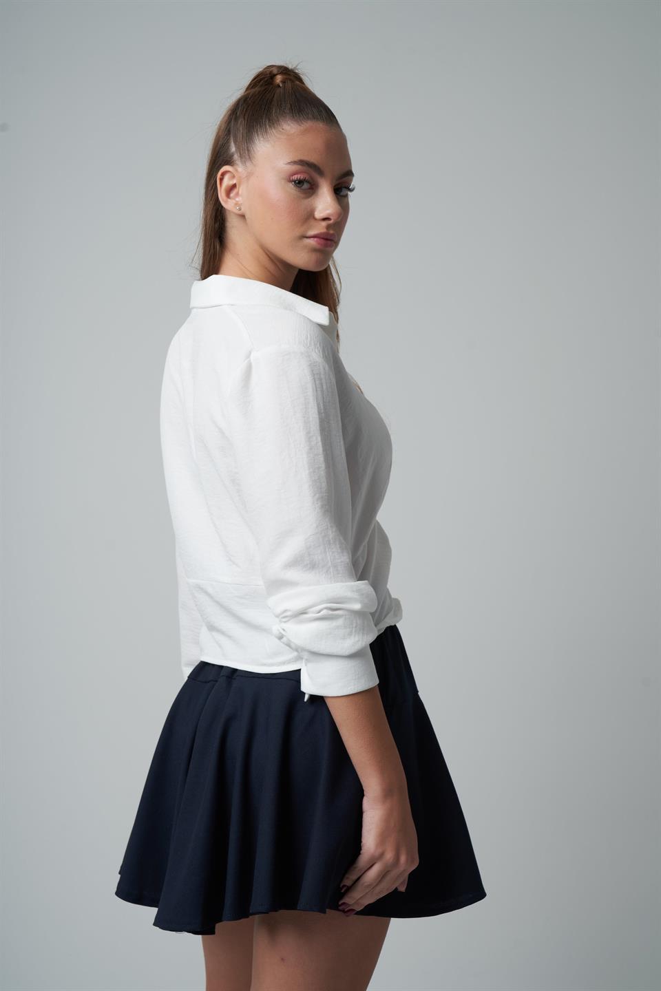 Yakalı Ön Büzgü Detaylı Gömlek Ekru