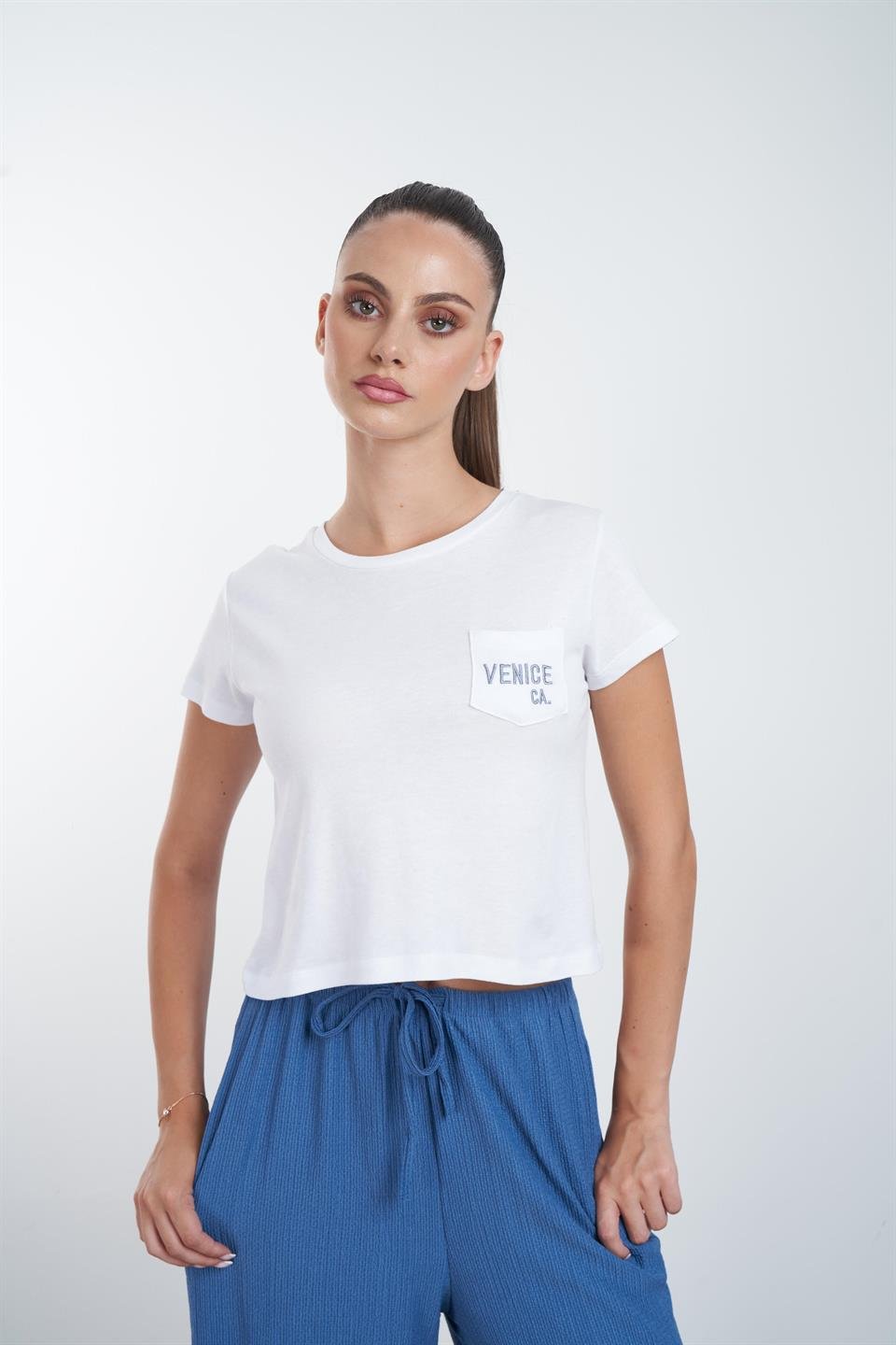 Venice Nakış Baskılı Kısa T-shirt Beyaz