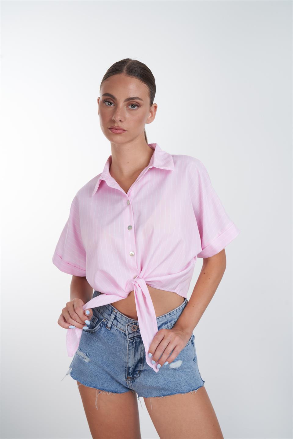 Bağlama Detaylı Çizgili Gömlek Pembe-Beyaz