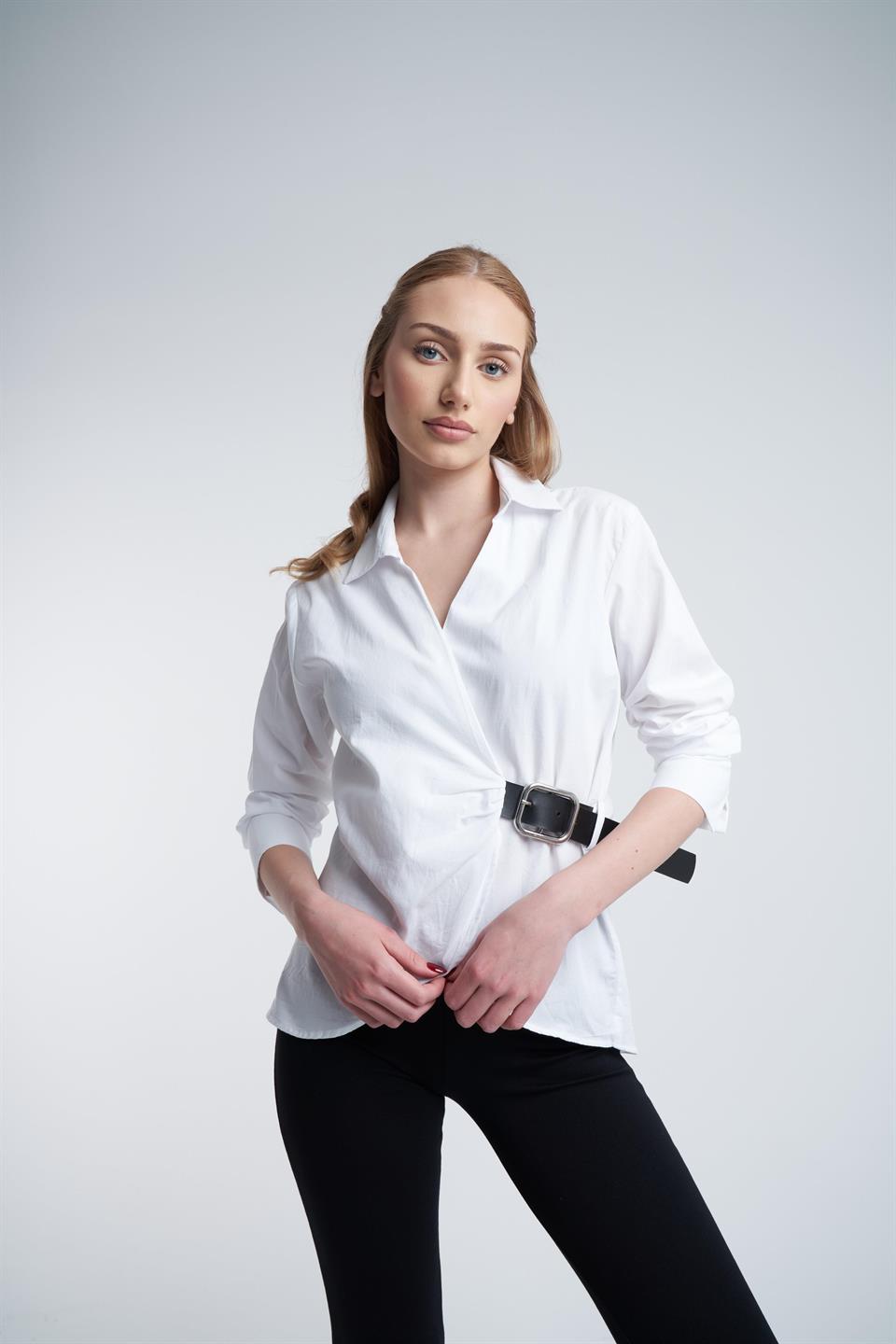 Yakalı Kemer Detaylı Uzun Kol Gömlek Beyaz