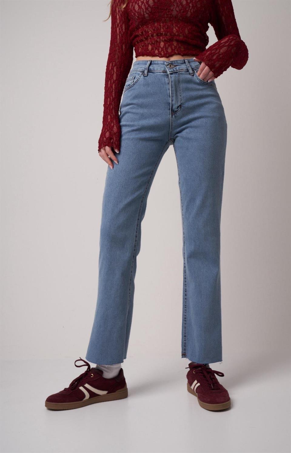 Yüksek Bel Yıkamalı Jean Pantolon Mavi