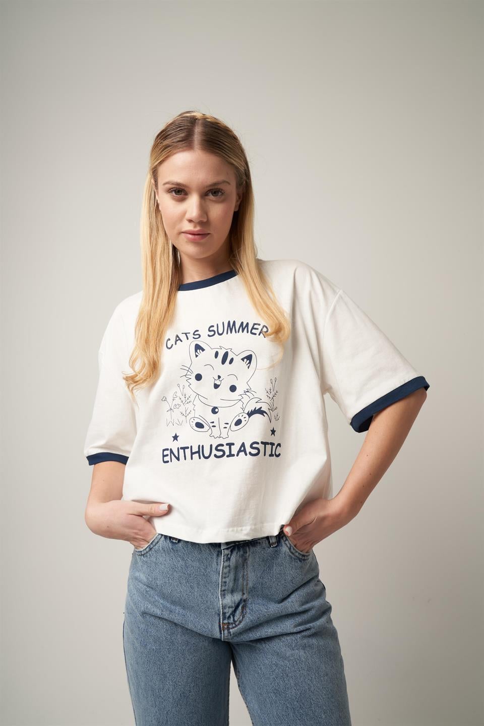 Cats Summer Baskılı T-shirt Ekru