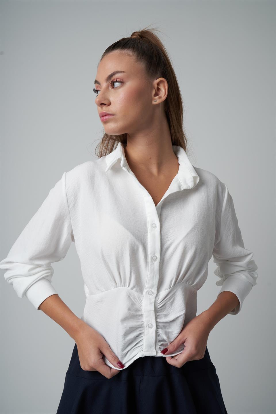 Yakalı Ön Büzgü Detaylı Gömlek Ekru