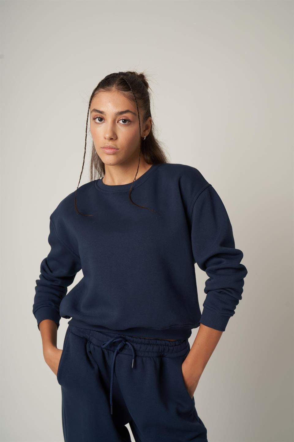 Basic Kısa Sweatshirt Lacivert