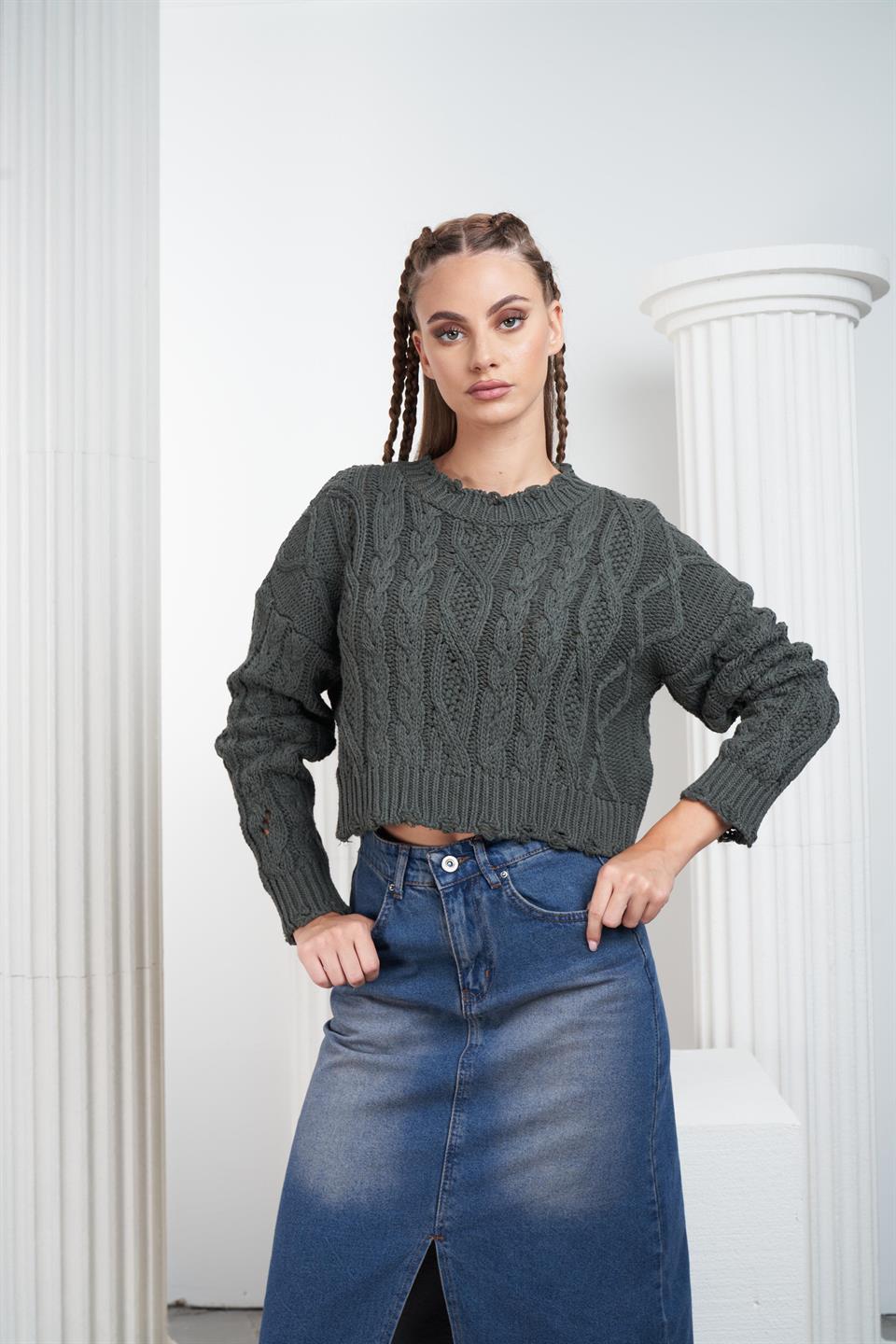 Örgü Desen Kısa Triko Kazak Haki