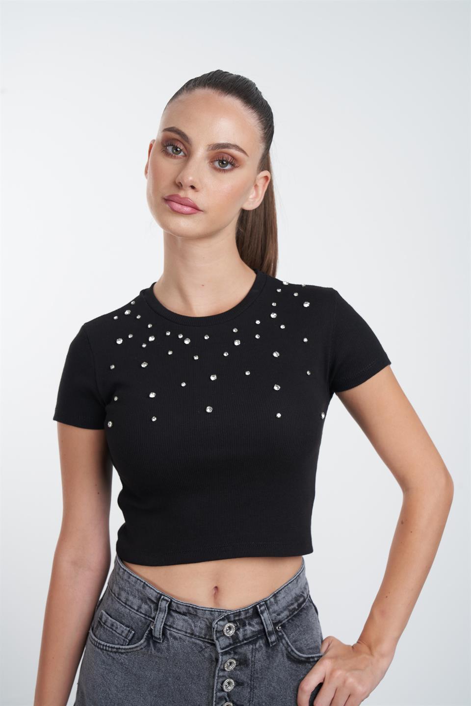 Taş Detaylı Kısa Bluz Siyah