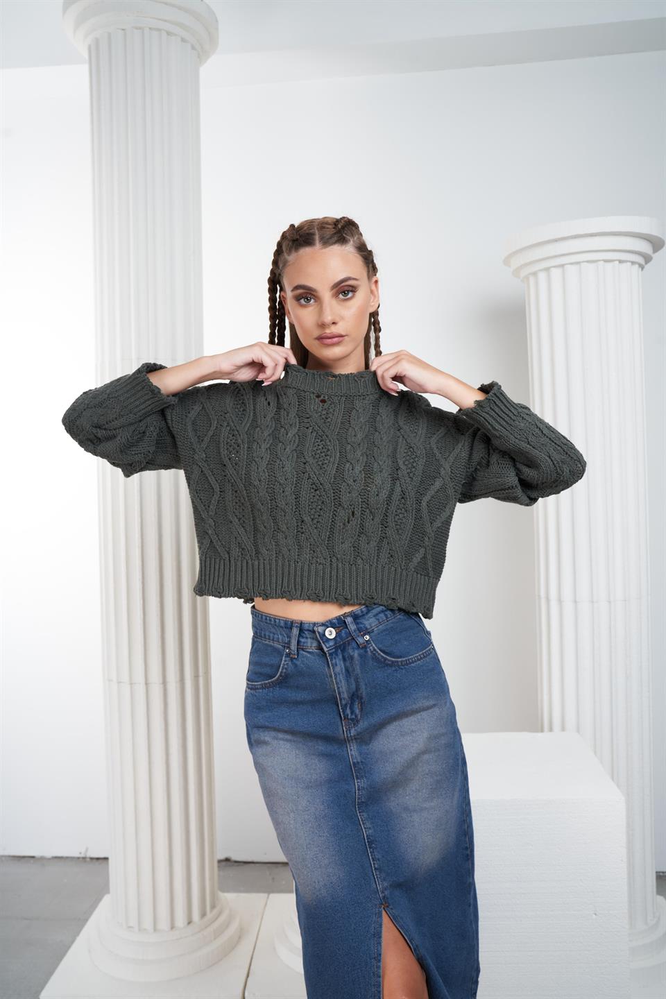 Örgü Desen Kısa Triko Kazak Haki