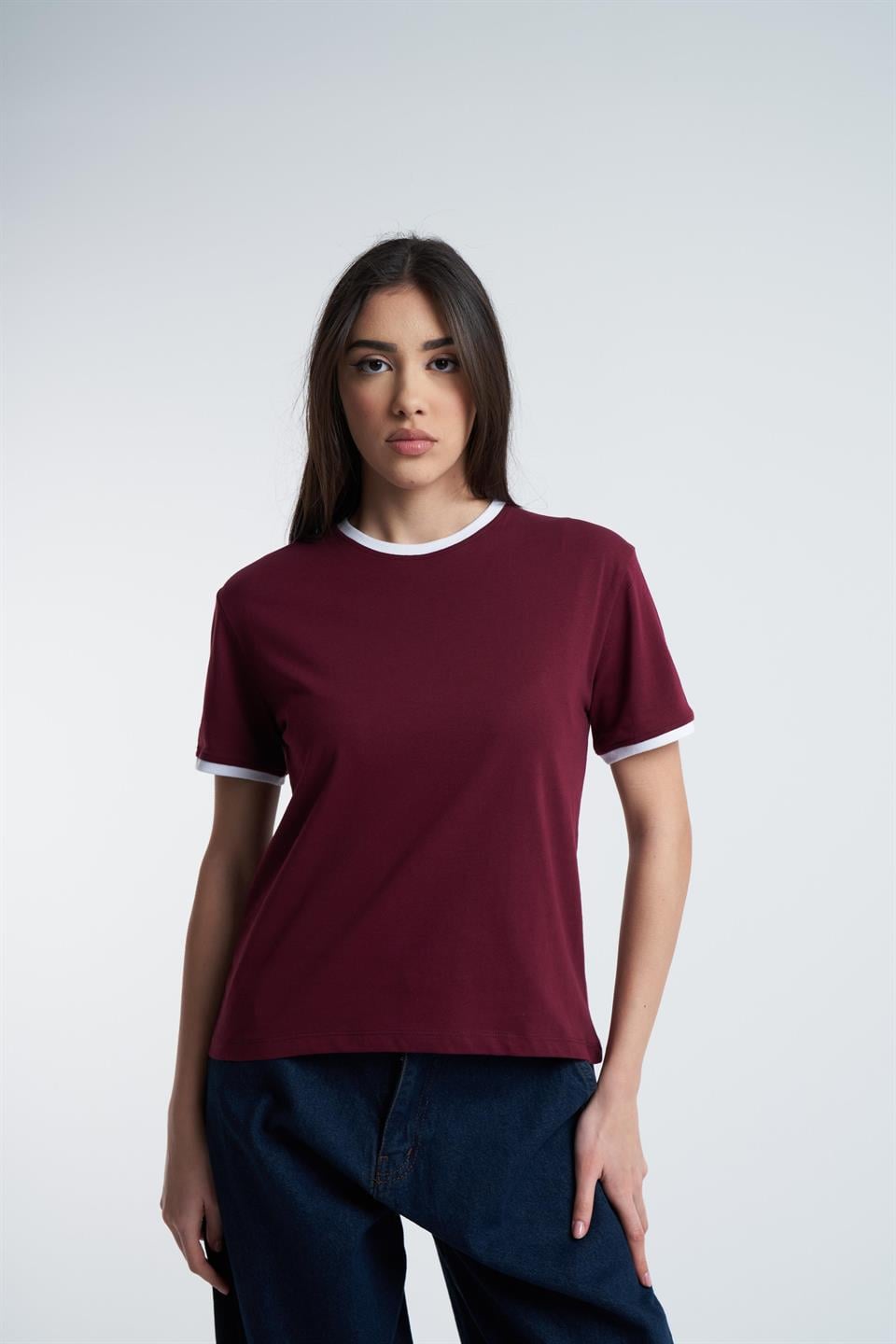 Bisiklet Yaka Kısa Kol T-Shirt Bordo