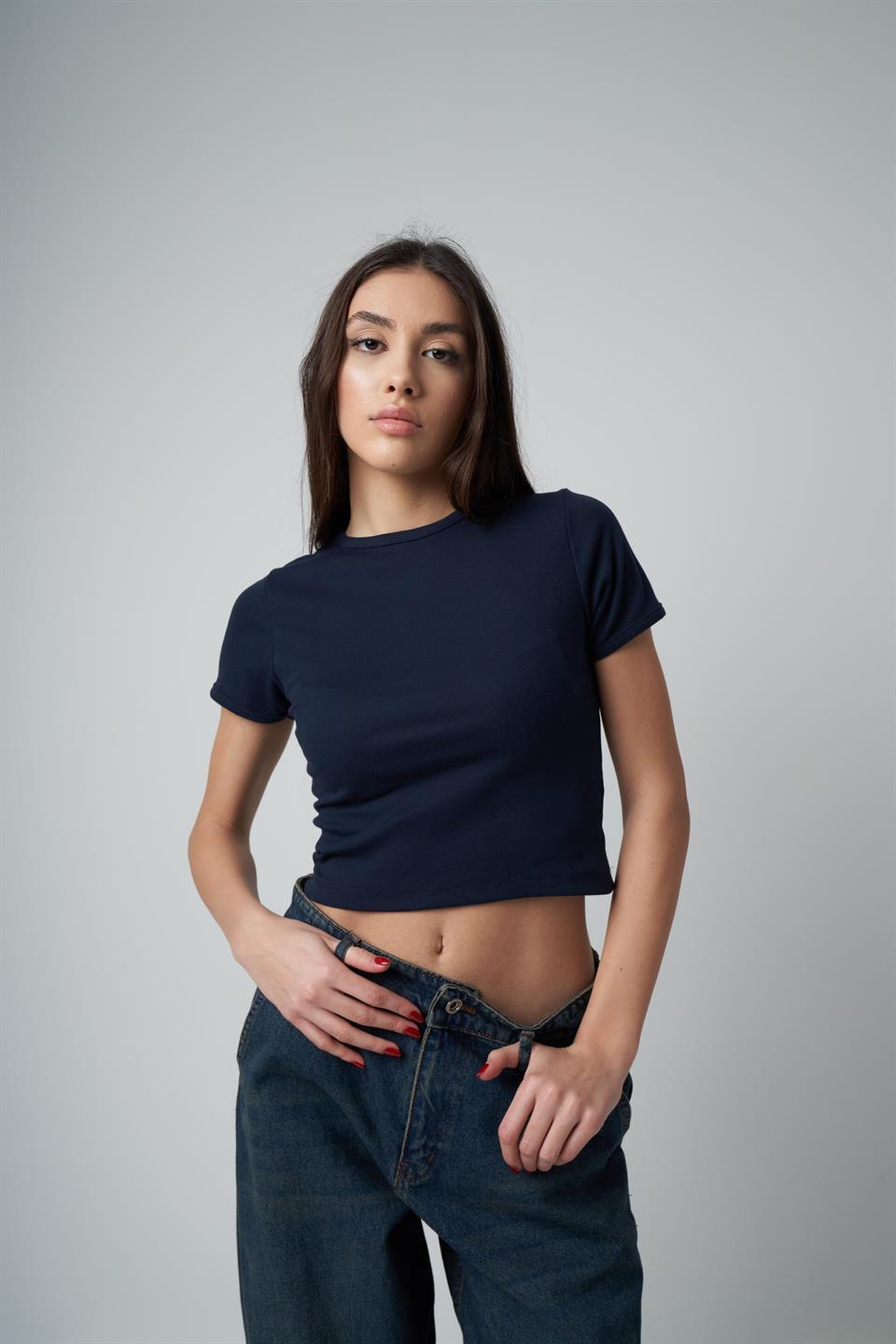 Basic Kısa Kol Ribana Bluz Lacivert