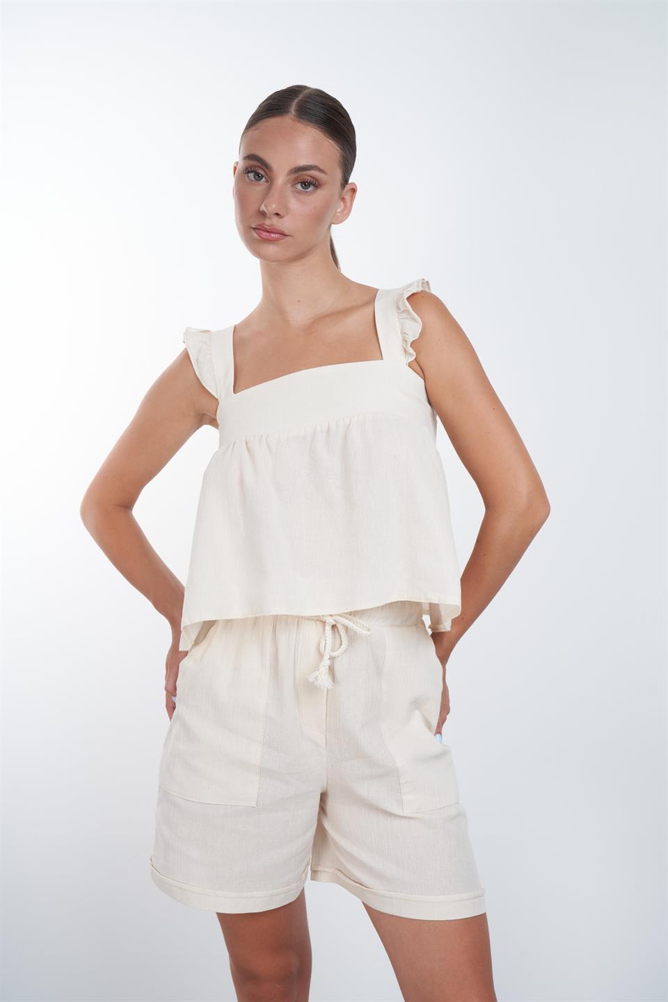 Bel Bağlama Detaylı Şort Natural