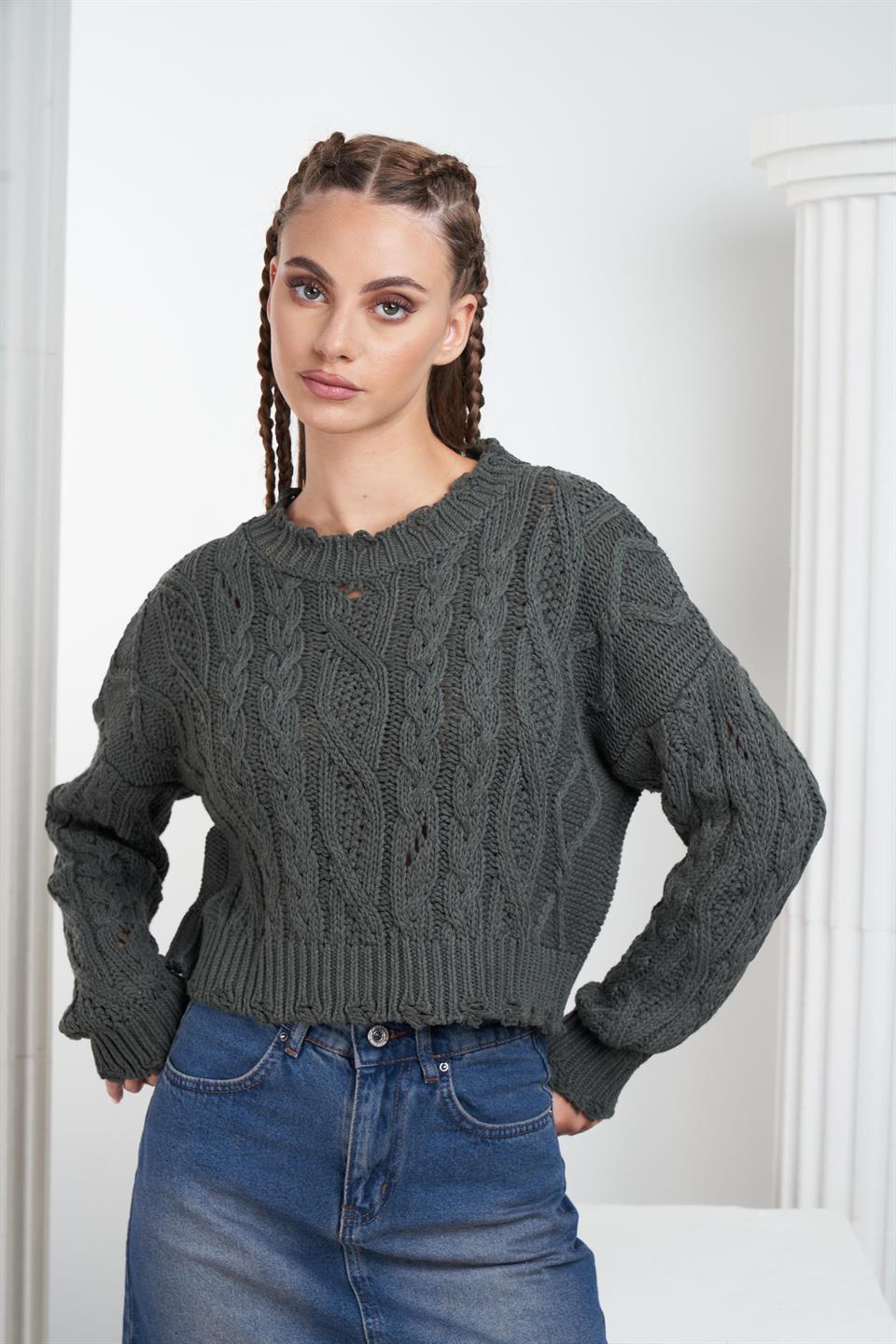 Örgü Desen Kısa Triko Kazak Haki