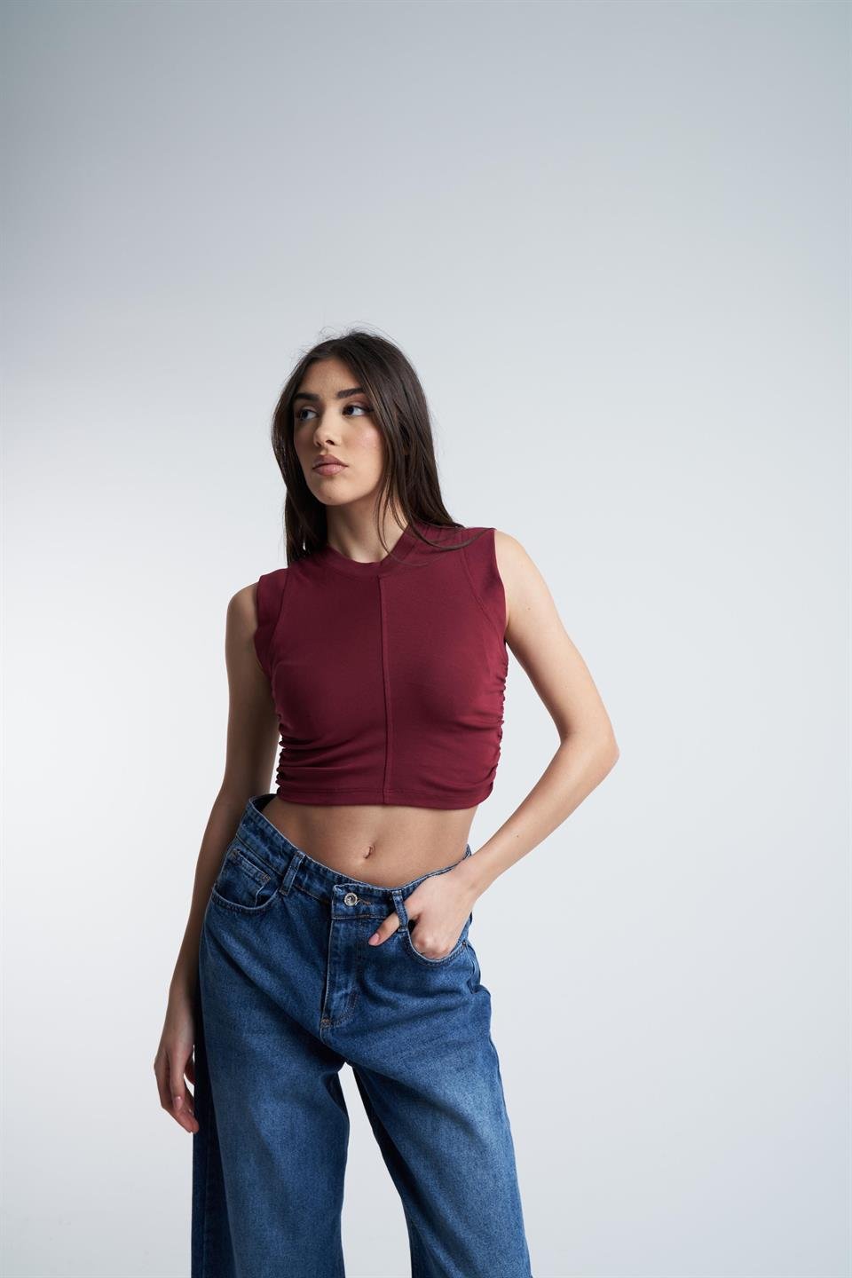 Yanlar Büzgülü Sıfır Kol Bluz Bordo