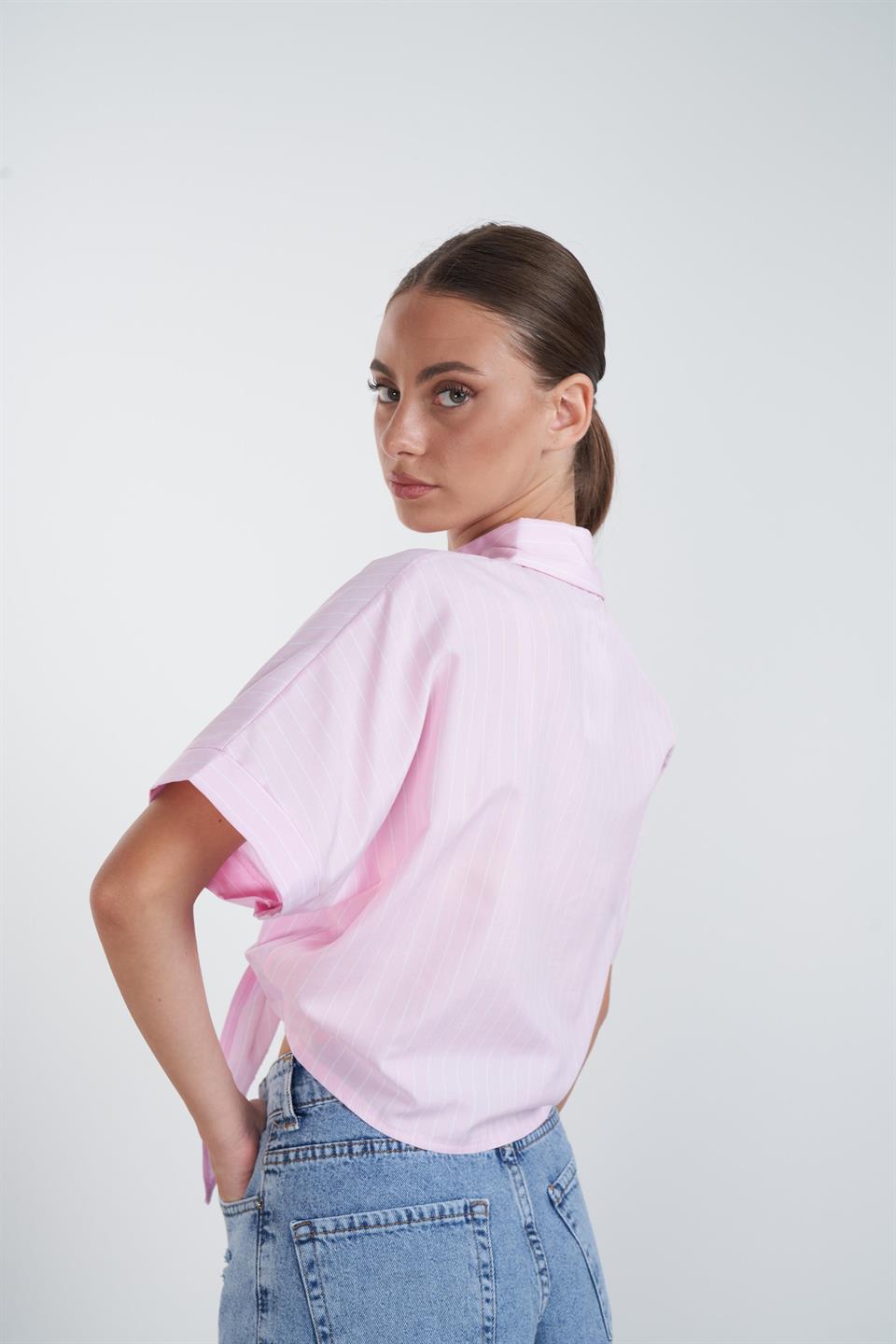 Bağlama Detaylı Çizgili Gömlek Pembe-Beyaz