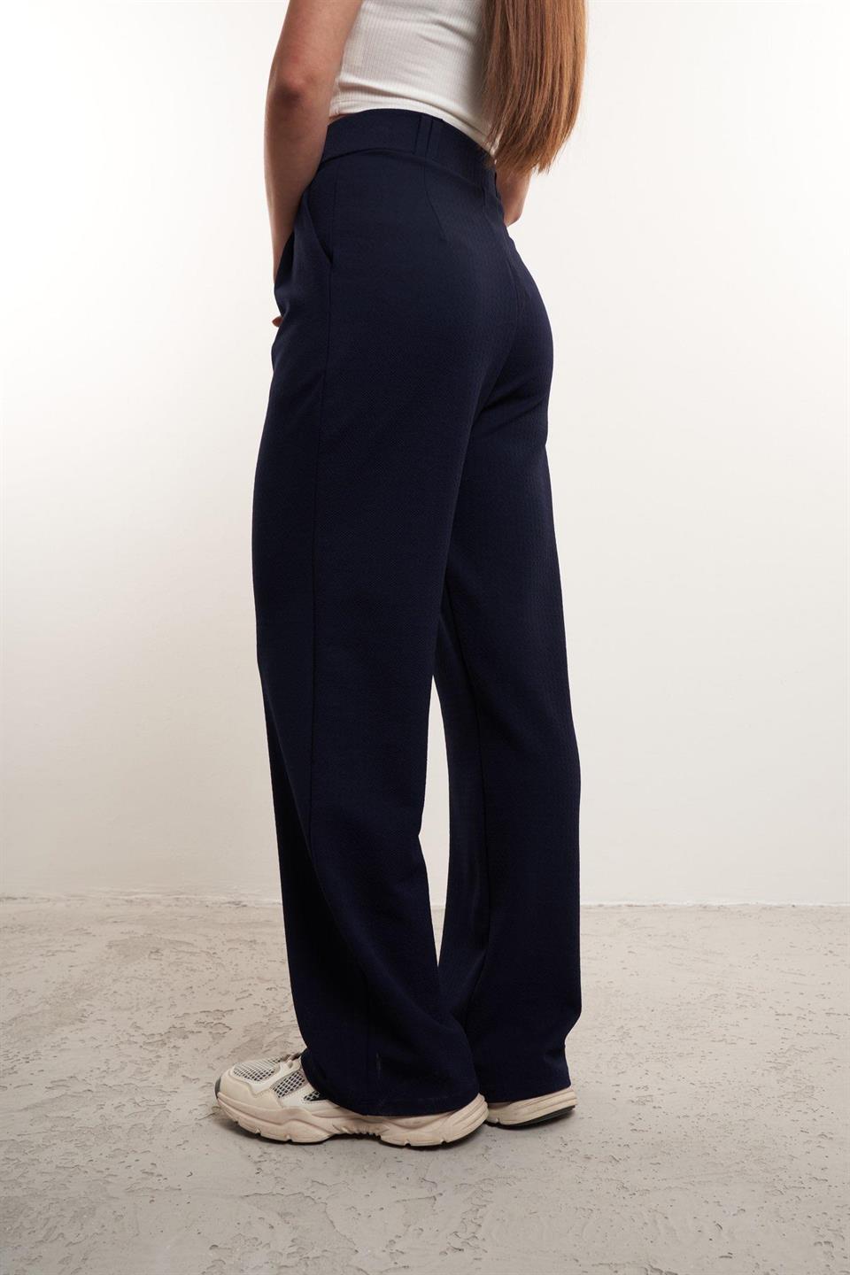 Bol Paça Krep Kumaş Pantolon Lacivert