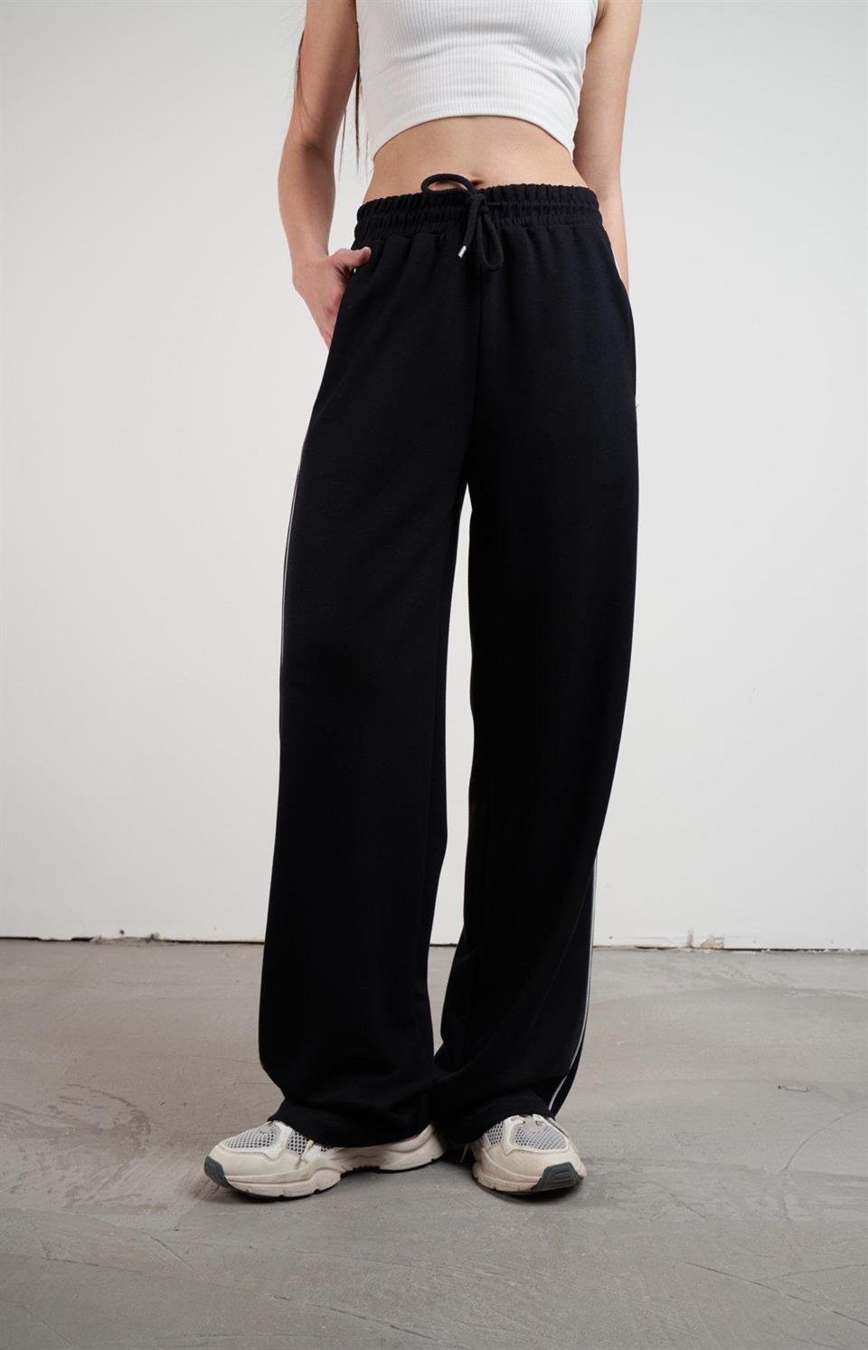 Şerit Detaylı Modal Pantolon Siyah