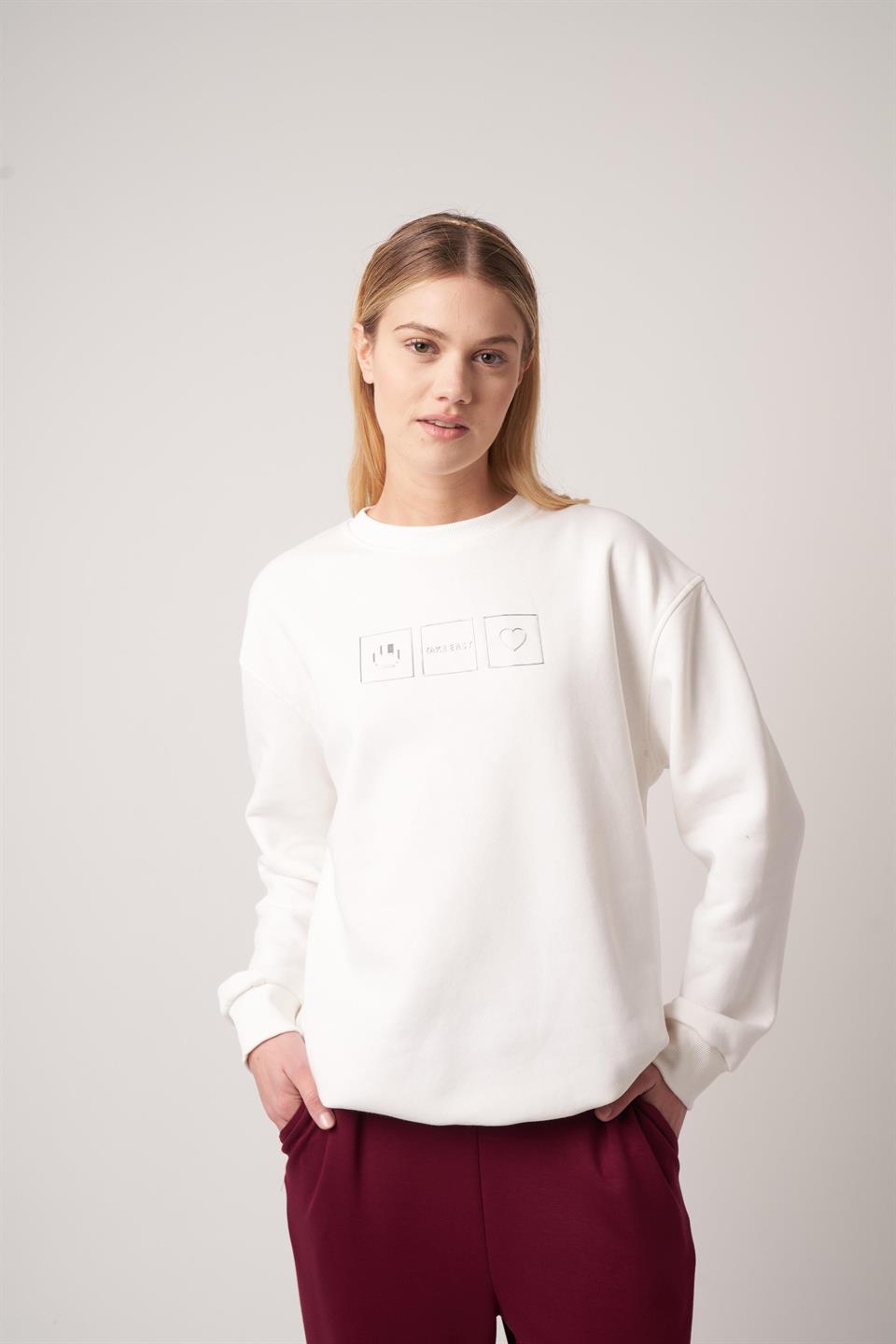 Baskılı Sweatshirt Ekru