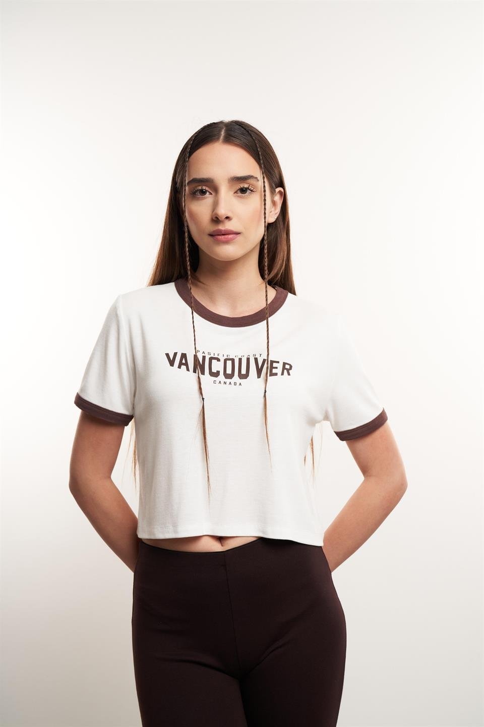 Vancouver Baskılı Ribana Bluz Ekru-Kahve