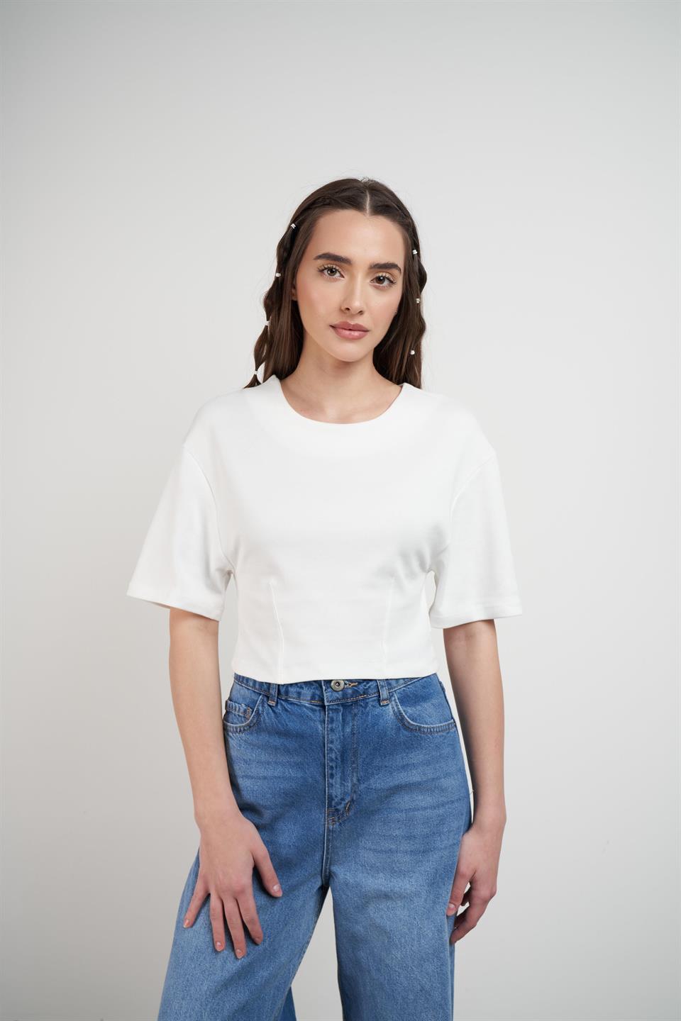 Kısa Kol Crop Model Bluz Ekru