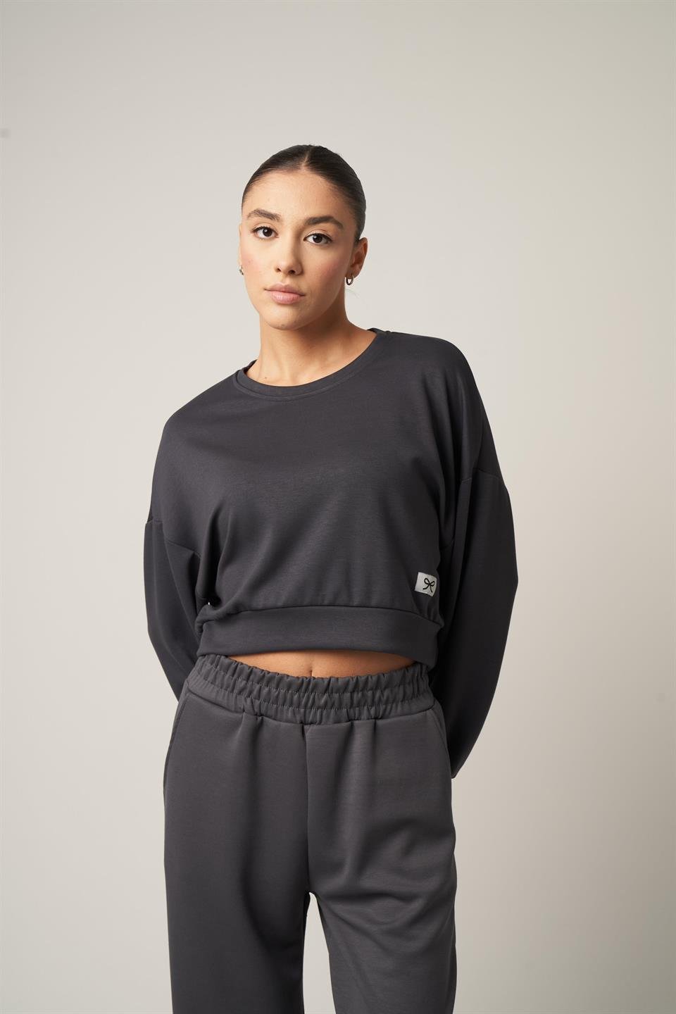 Etiket Detaylı Kısa Sweashirt Antrasit