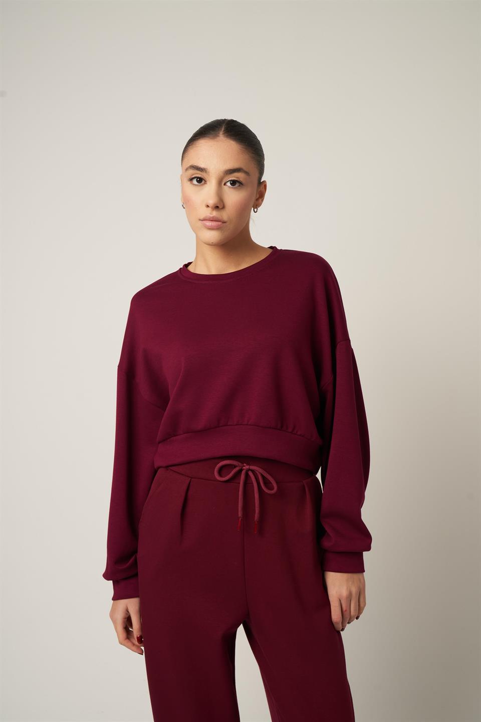 Basic Kısa Sweatshirt Bordo