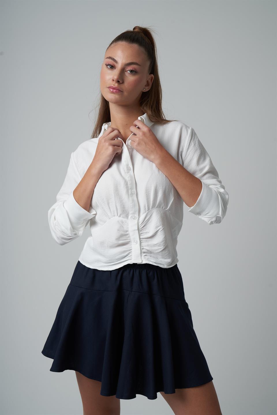 Yakalı Ön Büzgü Detaylı Gömlek Ekru