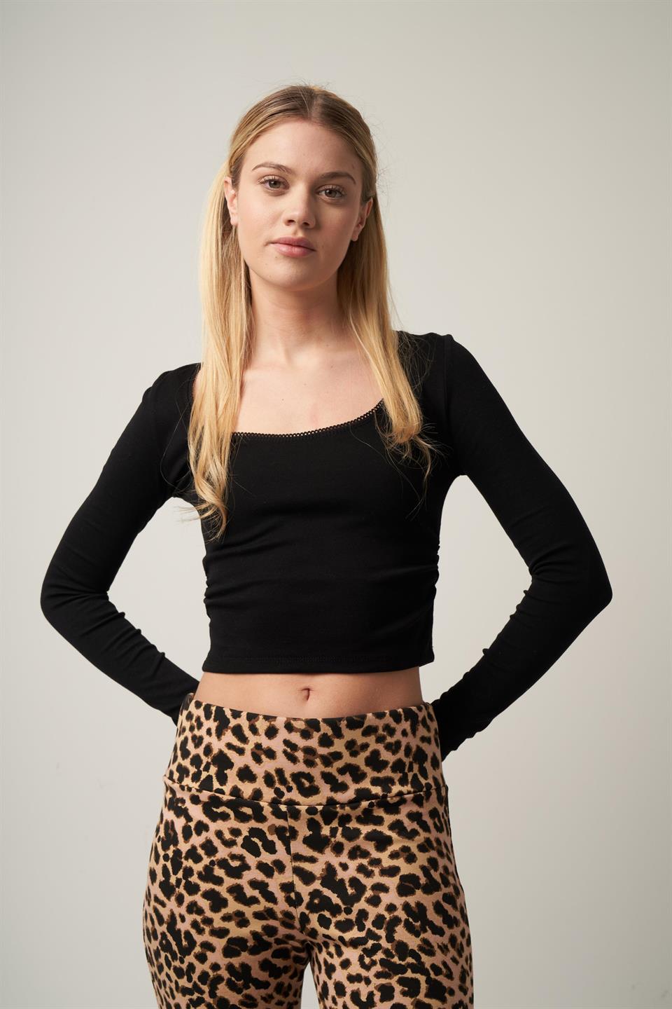 Yanlar Büzgülü Crop Uzun Kol Bluz Siyah