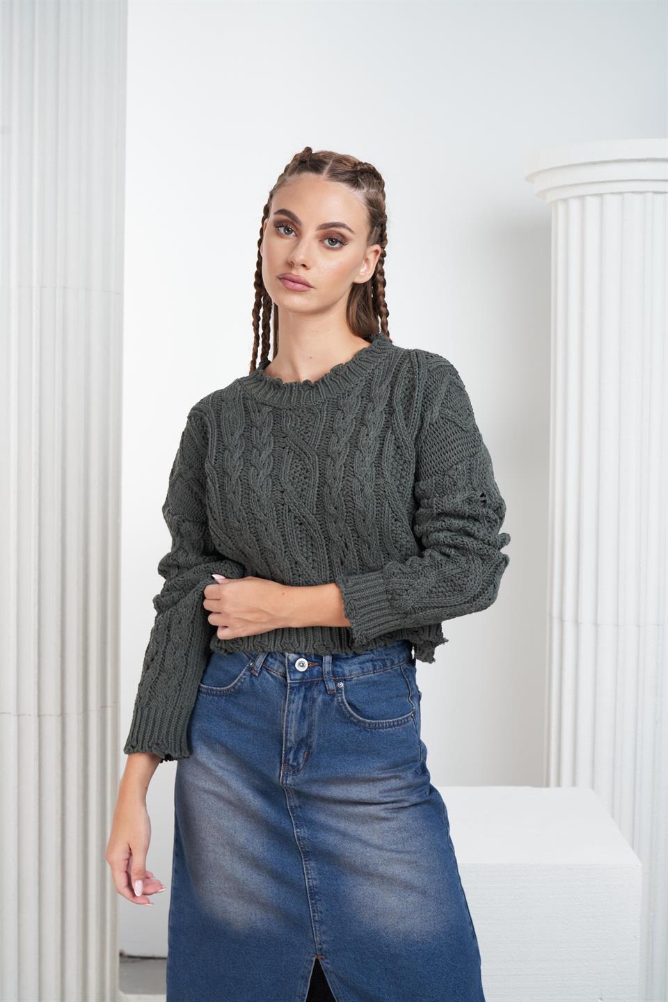 Örgü Desen Kısa Triko Kazak Haki