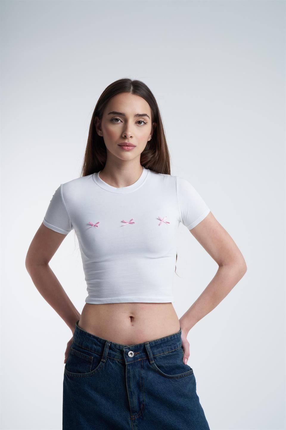 Kısa Kol Crop Model Bluz Beyaz