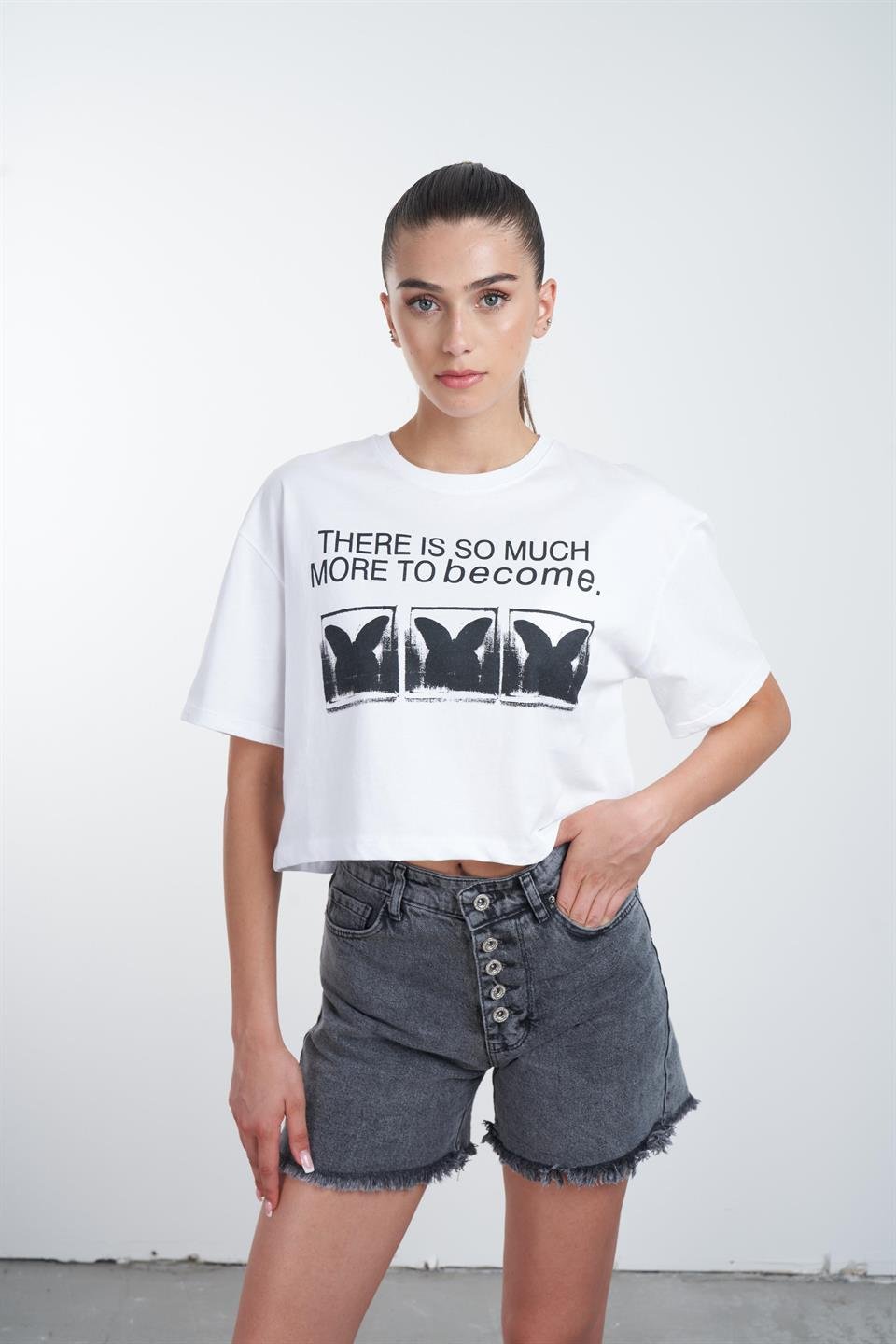 Yazı Baskılı Kısa T-shirt Beyaz