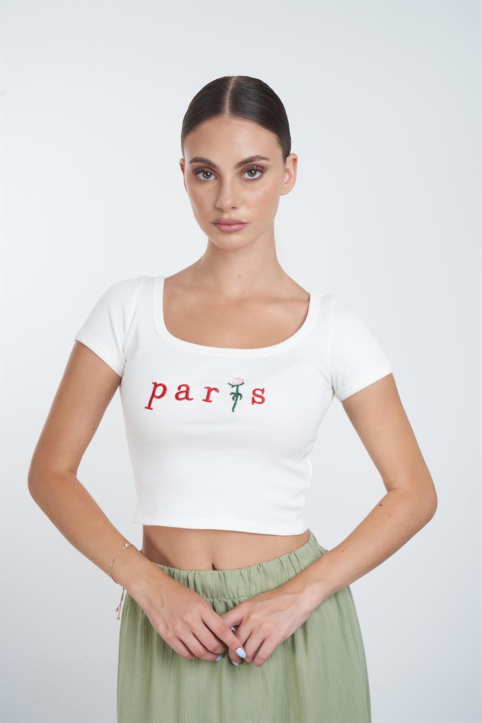 Paris Nakış Baskılı Kısa T-shirt Ekru